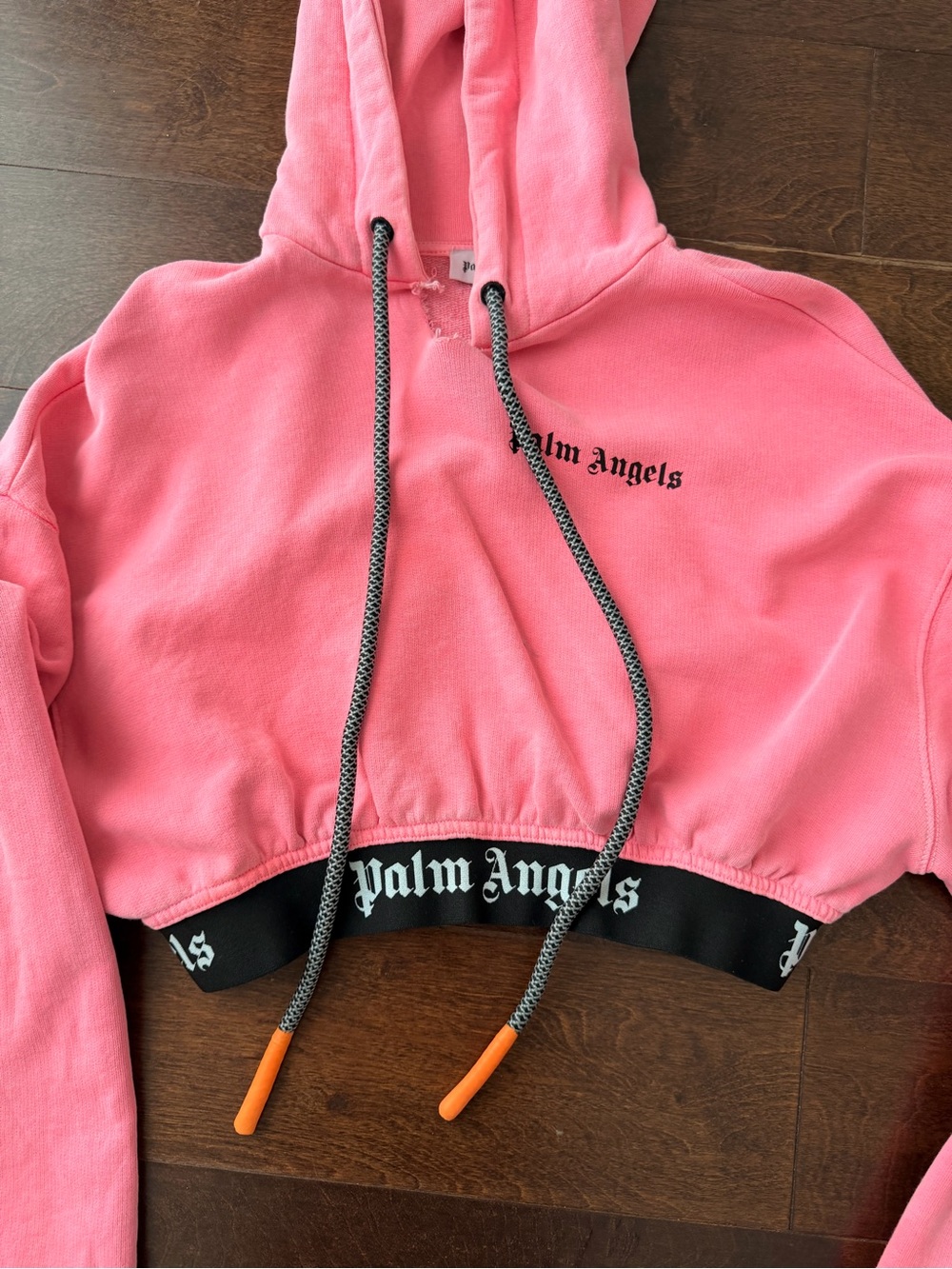 Palm Angels Pink Cropped Hoodie with Black Branded Hem